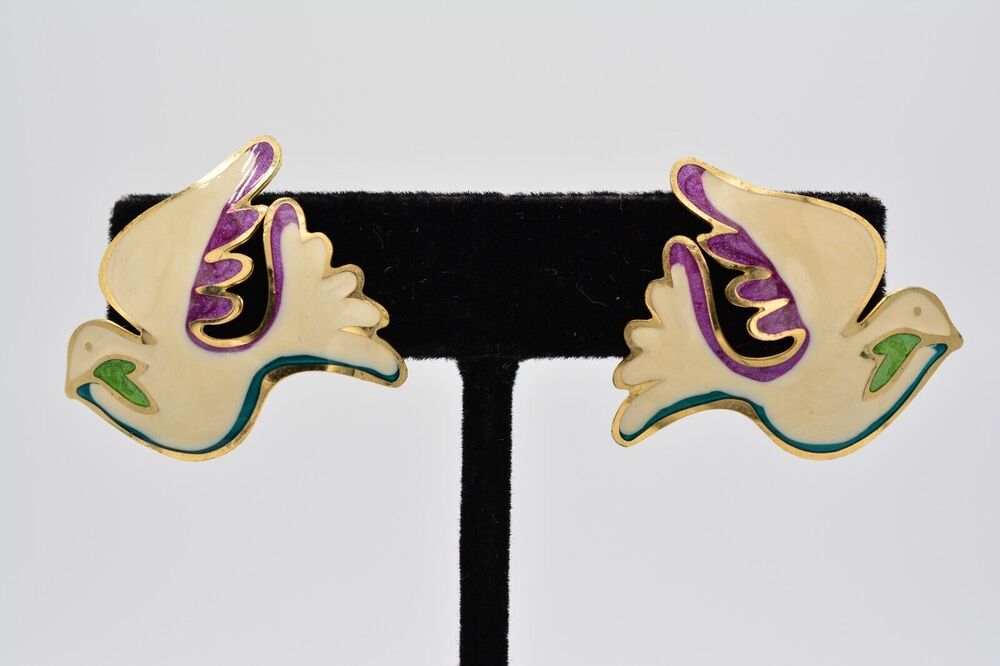 Two Hands Vintage Earrings Dove Birds White Enamel Christmas Signed 1980s BinAO